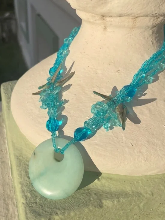 Vintage Larimar Stone Glass Shell Blue Beaded Statement Necklace & Earrings Set - Picture 4 of 8
